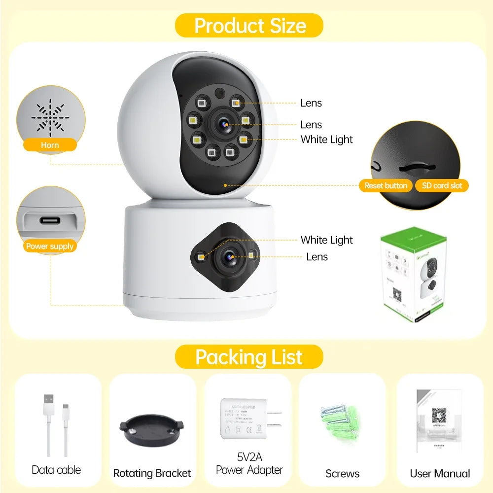 Baby Monitor with 2 Security Cameras, 5G/2.4G Wifi Dual-Screen Display Indoor Baby Camera, 2K HD Full-Color Night Vision with Human Shape Detection Motion Tracking Two-Way Audio for Baby Pet Elderly