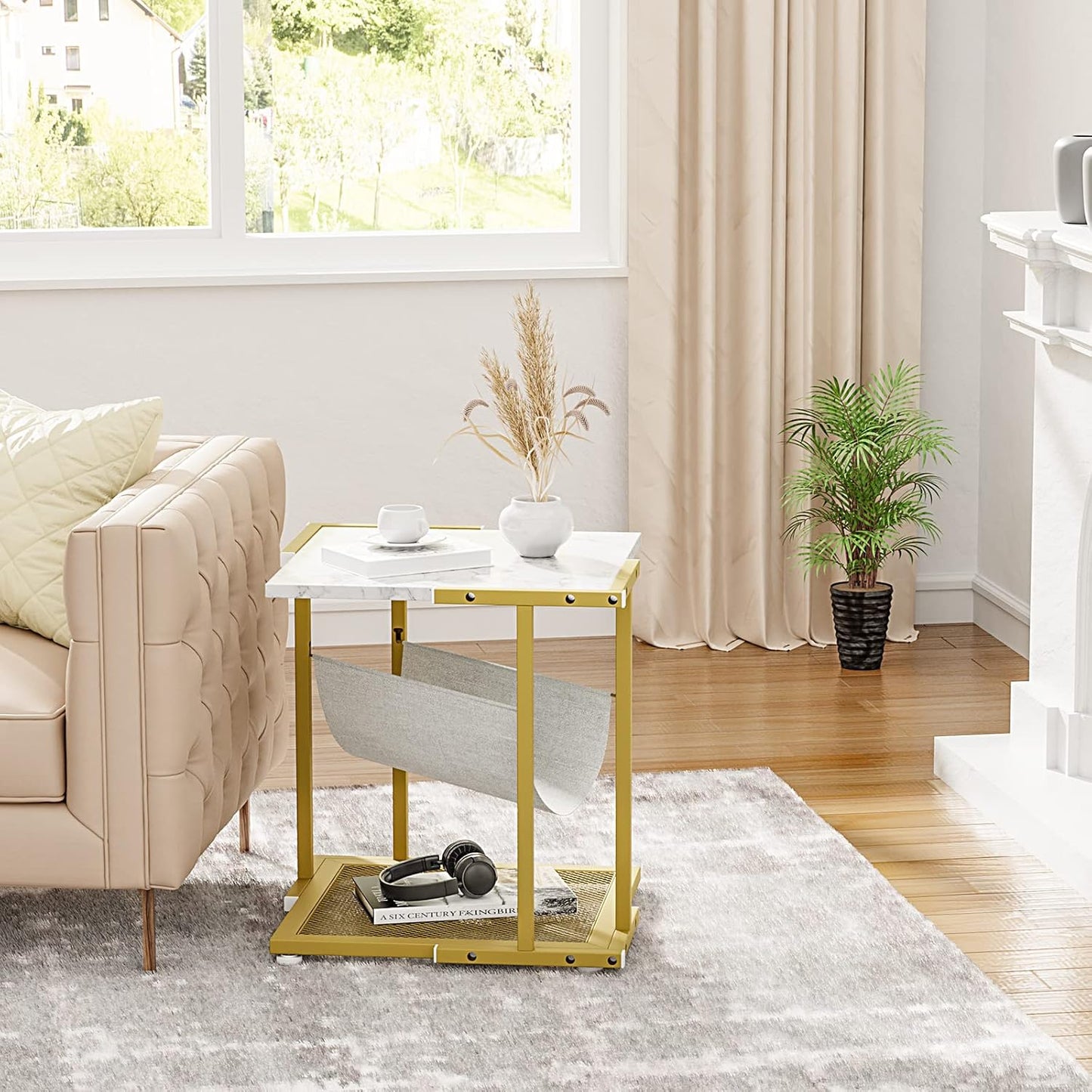 Side Table Set of 2, Small Gold Nightstand, Marble End Tables with Storage, Bedside Table with Magazine Holder for Living Room Bedroom, 17.7 X 17.7 X 19.7 Inches