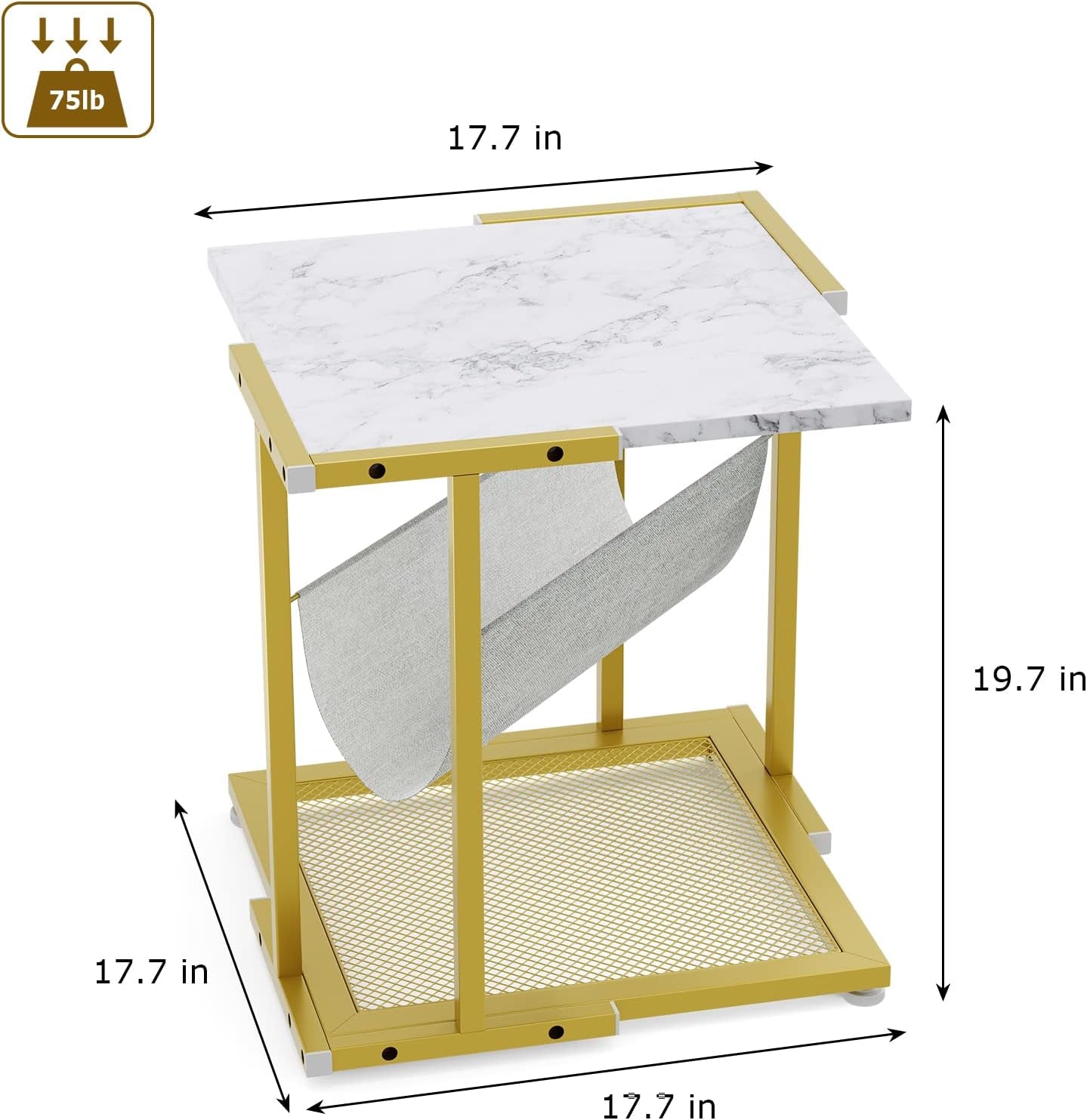 Side Table Set of 2, Small Gold Nightstand, Marble End Tables with Storage, Bedside Table with Magazine Holder for Living Room Bedroom, 17.7 X 17.7 X 19.7 Inches