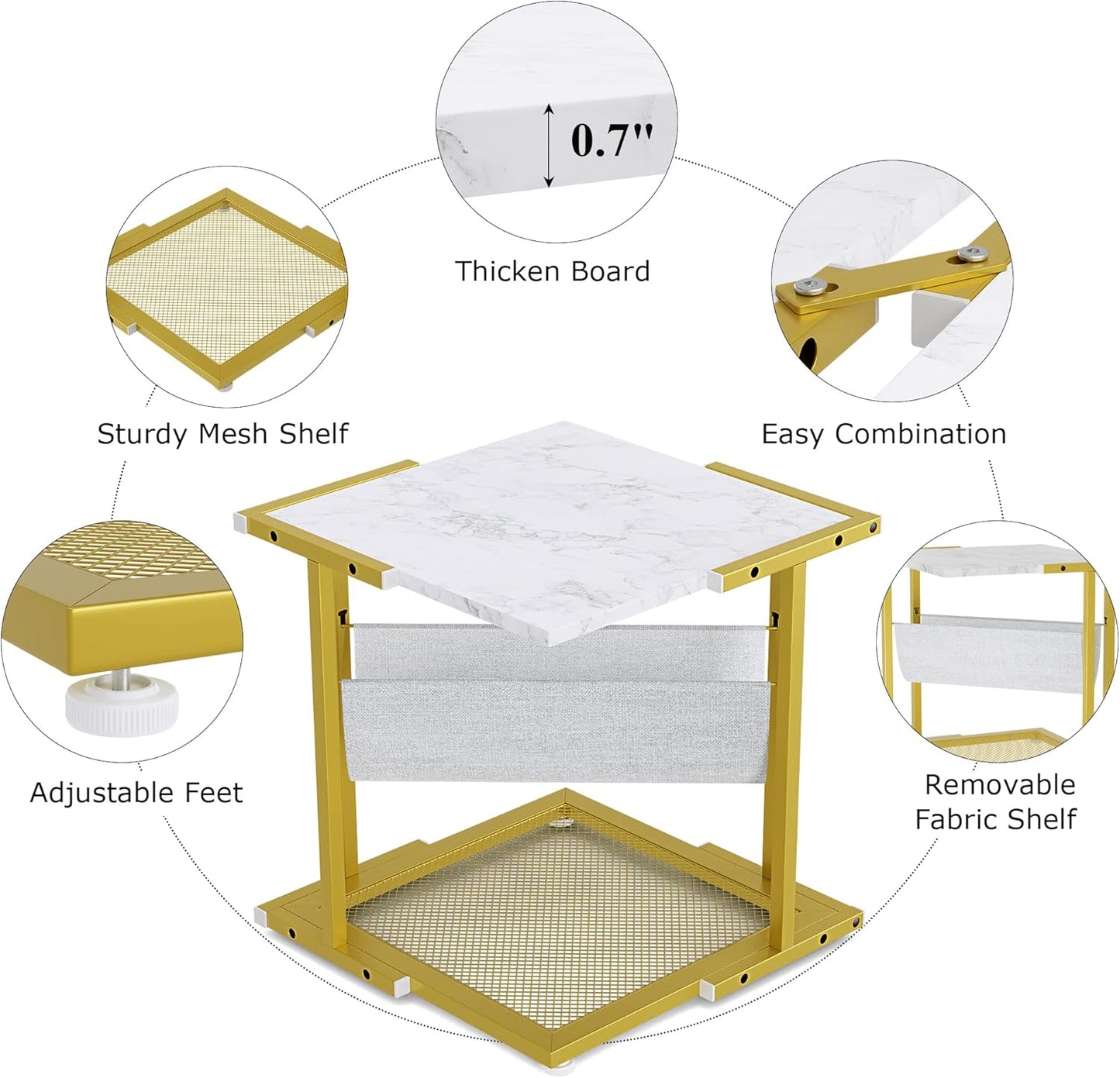 Side Table Set of 2, Small Gold Nightstand, Marble End Tables with Storage, Bedside Table with Magazine Holder for Living Room Bedroom, 17.7 X 17.7 X 19.7 Inches