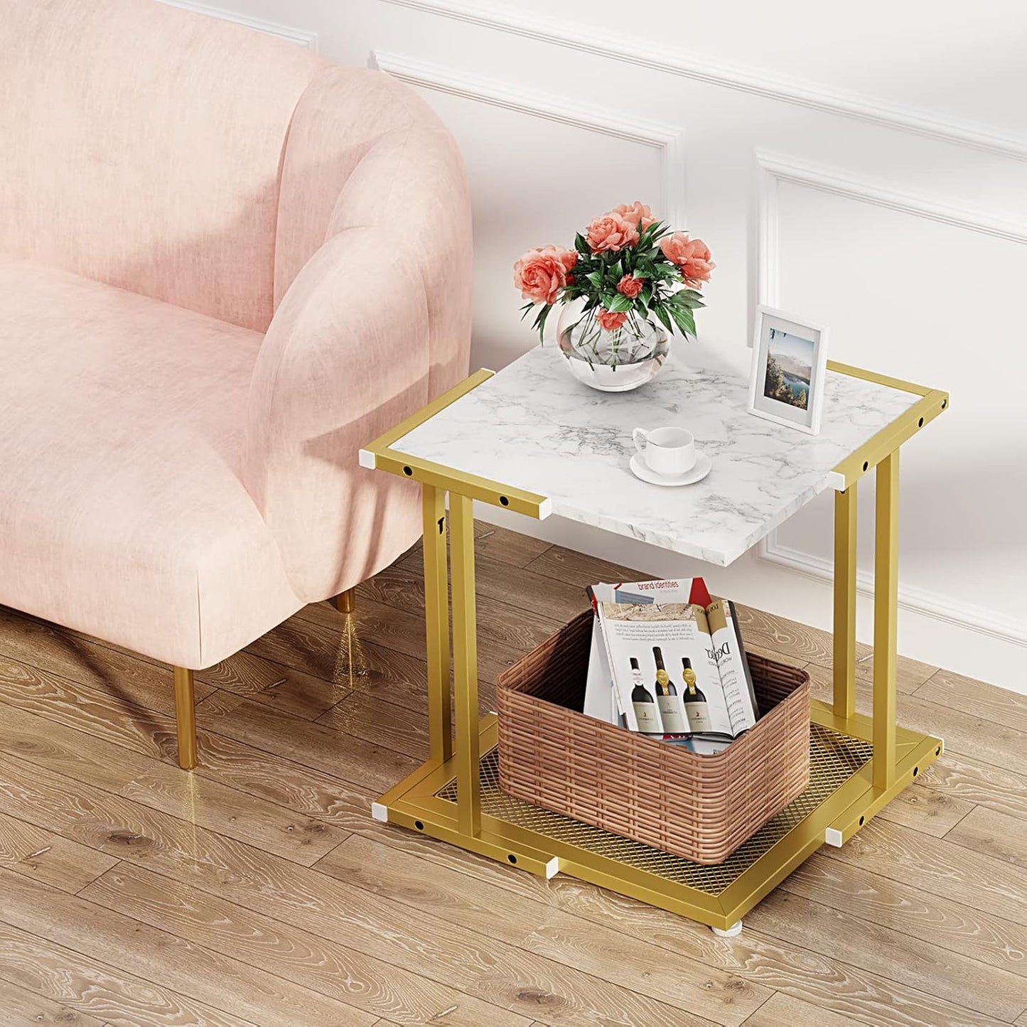 Side Table Set of 2, Small Gold Nightstand, Marble End Tables with Storage, Bedside Table with Magazine Holder for Living Room Bedroom, 17.7 X 17.7 X 19.7 Inches