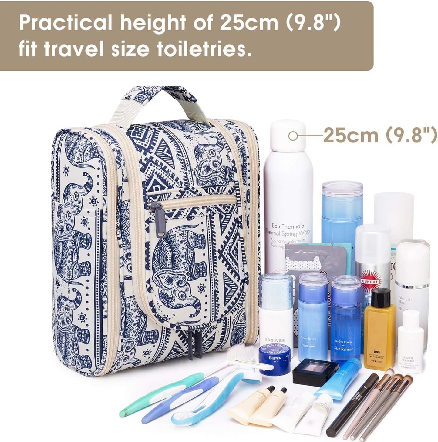 Hanging Toiletry Bag Women Travel Makeup Bag Organizer Toiletries Bag for Travel Size Essentials Accessories Cosmetics (Medium, Elephant)